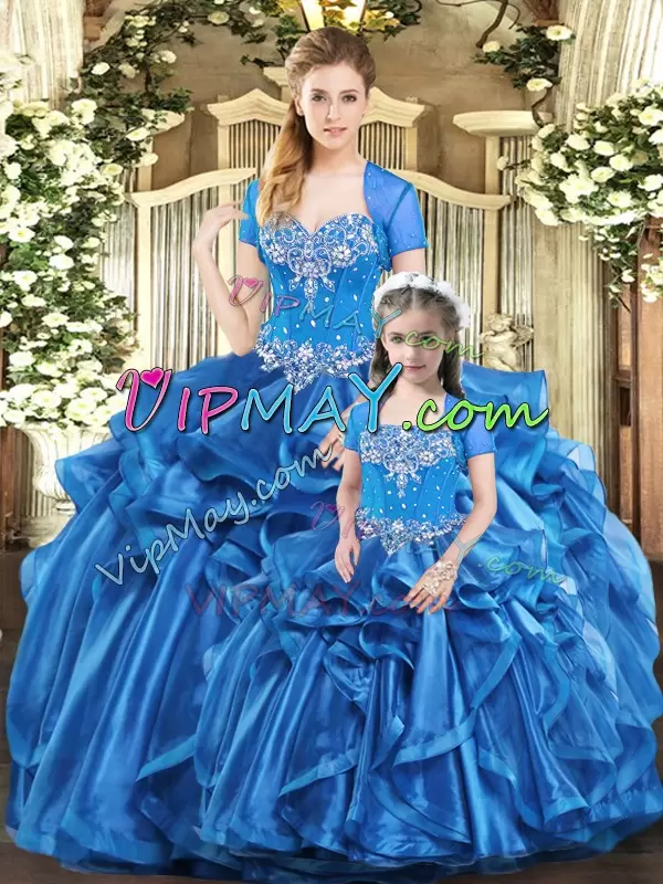 Best Selling Blue Ball Gowns Sweetheart Sleeveless Organza Floor Length Lace Up Beading and Ruffles Quinceanera Dress