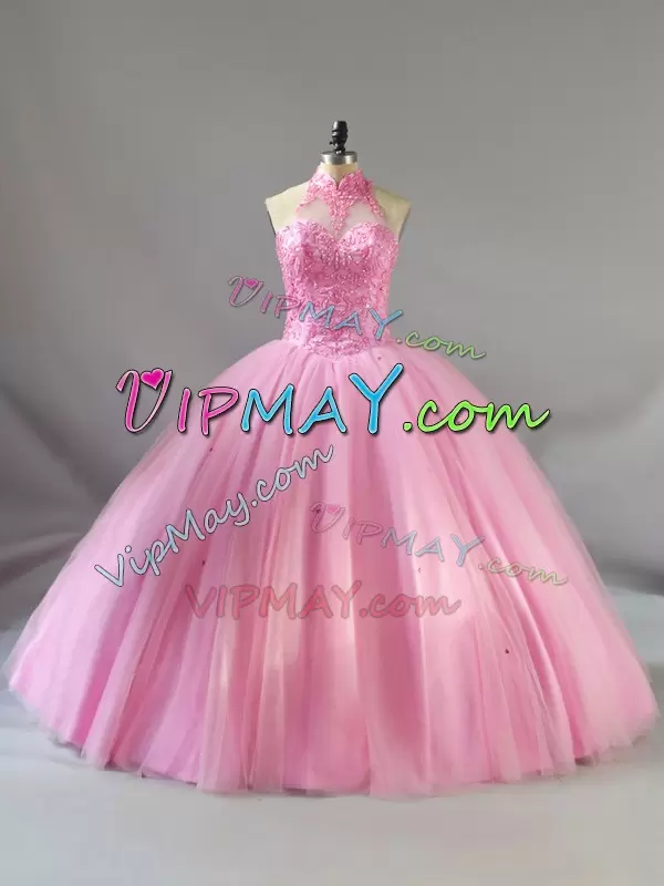 Sleeveless Floor Length Beading Lace Up Quinceanera Gowns with Baby Pink