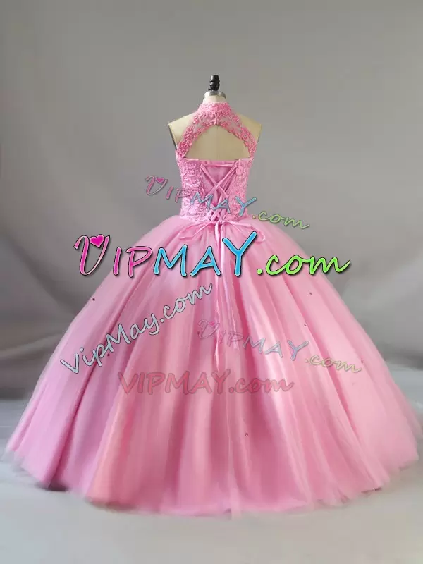 Sleeveless Floor Length Beading Lace Up Quinceanera Gowns with Baby Pink