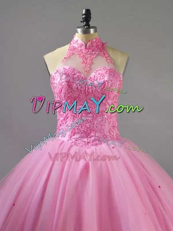 Sleeveless Floor Length Beading Lace Up Quinceanera Gowns with Baby Pink