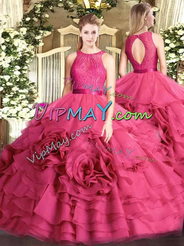 Ball Gowns Quinceanera Dresses Hot Pink Scoop Fabric With Rolling Flowers Sleeveless Floor Length Zipper