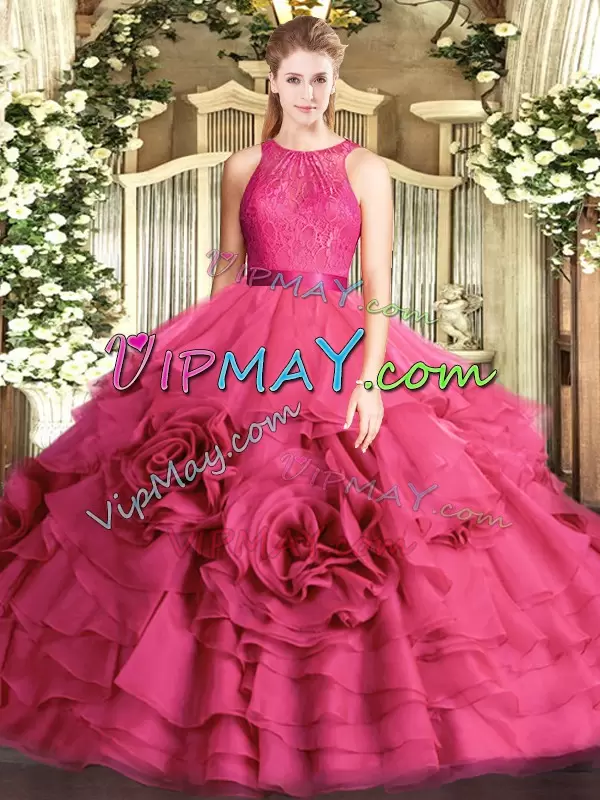 Ball Gowns Quinceanera Dresses Hot Pink Scoop Fabric With Rolling Flowers Sleeveless Floor Length Zipper