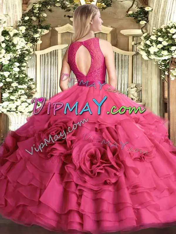 Ball Gowns Quinceanera Dresses Hot Pink Scoop Fabric With Rolling Flowers Sleeveless Floor Length Zipper