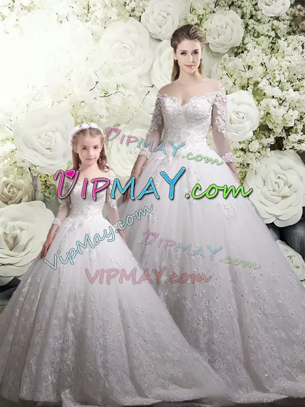 White Off The Shoulder Zipper Lace Sweet 16 Quinceanera Dress Chapel Train Half Sleeves
