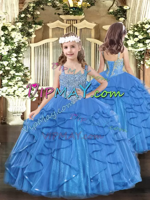 Smart Baby Blue Tulle Lace Up 15th Birthday Dress Sleeveless Floor Length Beading and Ruffles