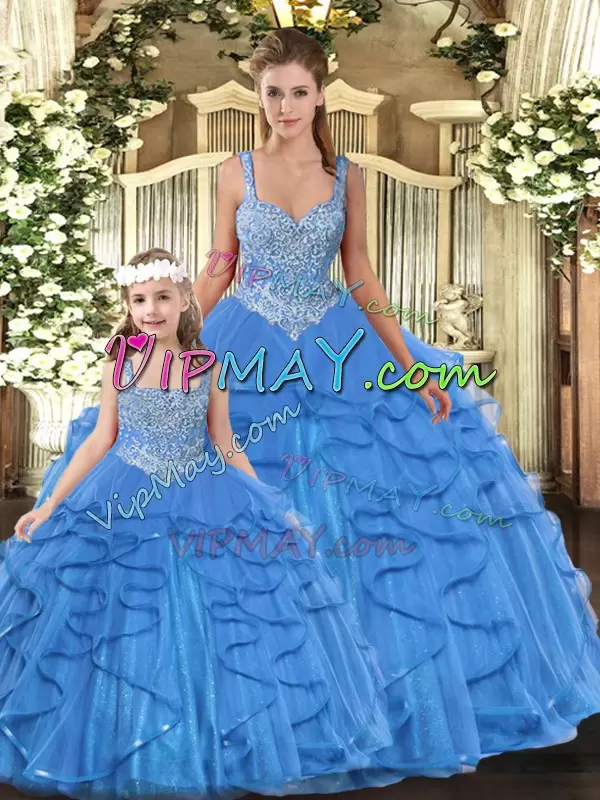 Smart Baby Blue Tulle Lace Up 15th Birthday Dress Sleeveless Floor Length Beading and Ruffles