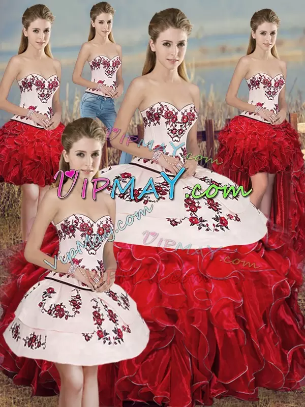 Lovely White And Red Sleeveless Organza Lace Up Quinceanera Dresses for Military Ball and Sweet 16 and Quinceanera