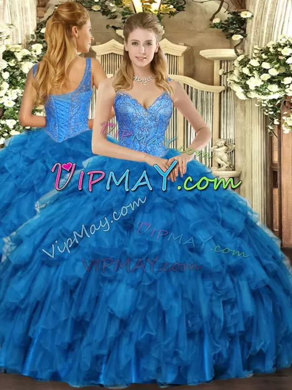 On Sale Beading and Ruffles Quinceanera Gowns Blue Lace Up Sleeveless Floor Length