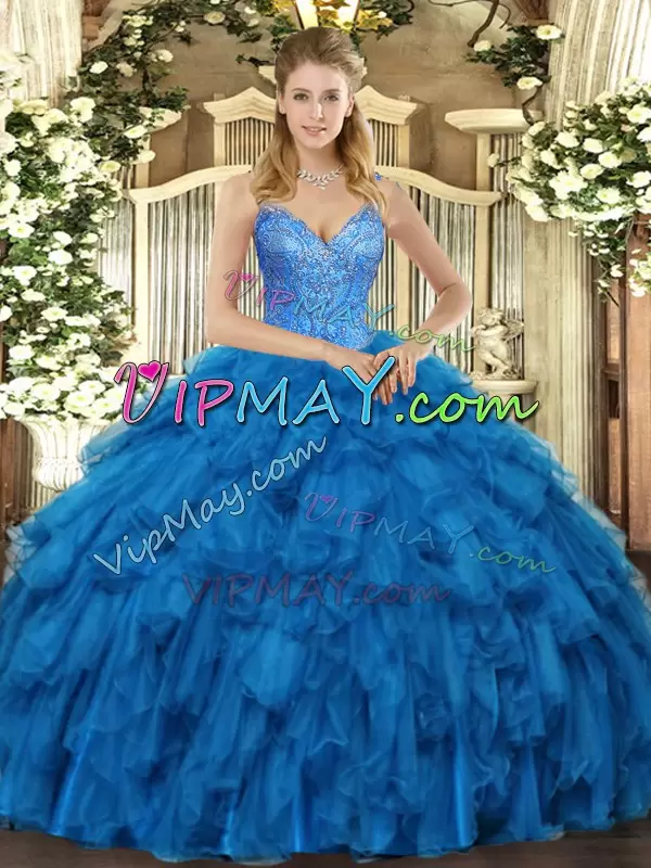 On Sale Beading and Ruffles Quinceanera Gowns Blue Lace Up Sleeveless Floor Length