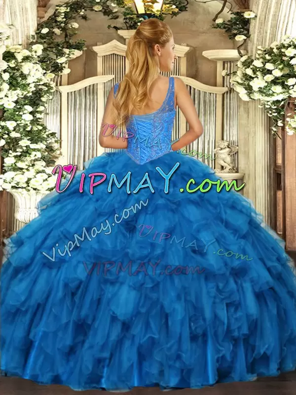 On Sale Beading and Ruffles Quinceanera Gowns Blue Lace Up Sleeveless Floor Length