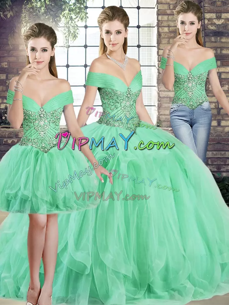 Fine Apple Green 15 Quinceanera Dress Military Ball and Sweet 16 and Quinceanera with Beading and Ruffles Off The Shoulder Sleeveless Lace Up