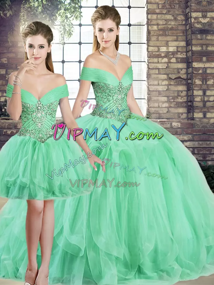 Fine Apple Green 15 Quinceanera Dress Military Ball and Sweet 16 and Quinceanera with Beading and Ruffles Off The Shoulder Sleeveless Lace Up