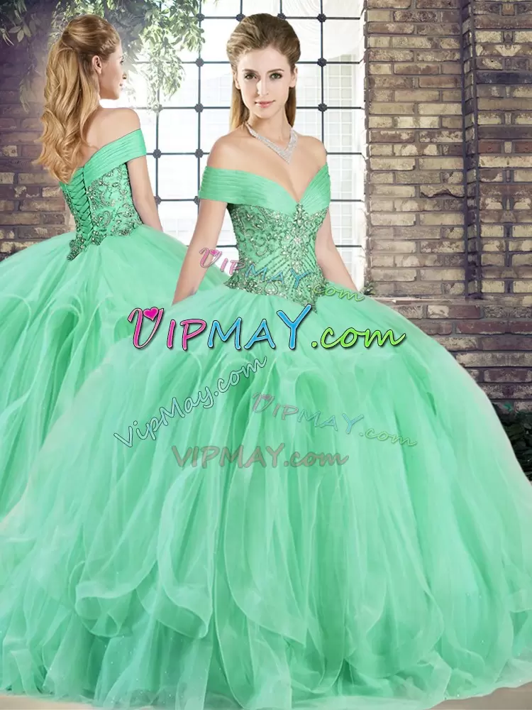 Fine Apple Green 15 Quinceanera Dress Military Ball and Sweet 16 and Quinceanera with Beading and Ruffles Off The Shoulder Sleeveless Lace Up