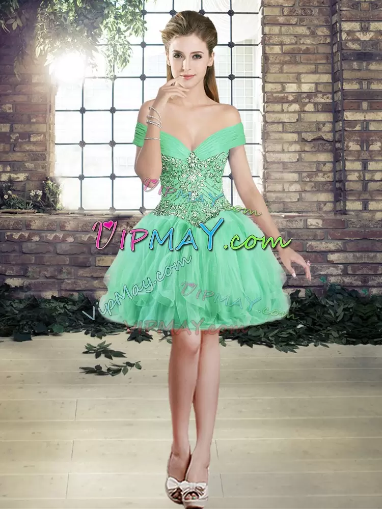 Fine Apple Green 15 Quinceanera Dress Military Ball and Sweet 16 and Quinceanera with Beading and Ruffles Off The Shoulder Sleeveless Lace Up