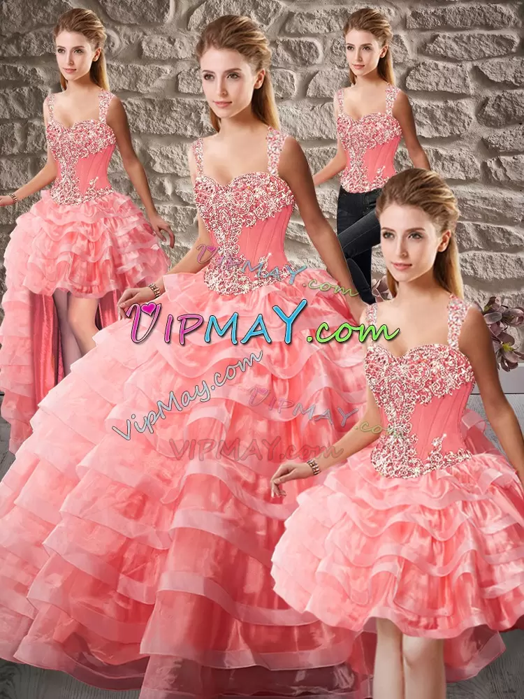 Captivating Watermelon Red Organza Lace Up 15 Quinceanera Dress Sleeveless Court Train Beading and Ruffled Layers