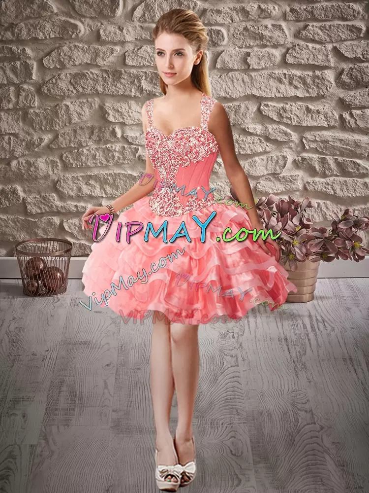 Captivating Watermelon Red Organza Lace Up 15 Quinceanera Dress Sleeveless Court Train Beading and Ruffled Layers