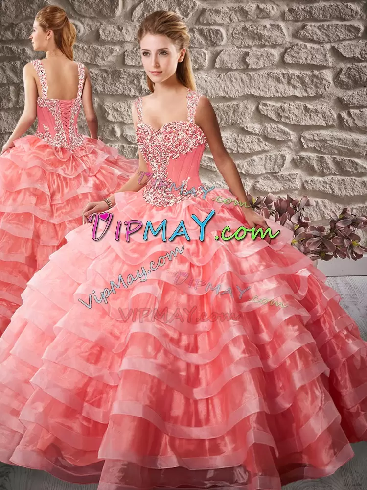 Captivating Watermelon Red Organza Lace Up 15 Quinceanera Dress Sleeveless Court Train Beading and Ruffled Layers