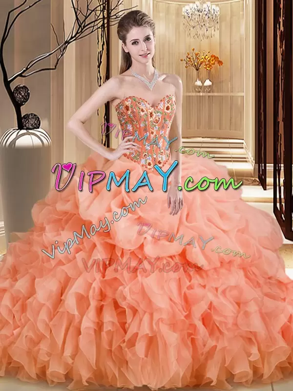 On Sale Ball Gowns Sleeveless Orange Quinceanera Dress Brush Train Lace Up