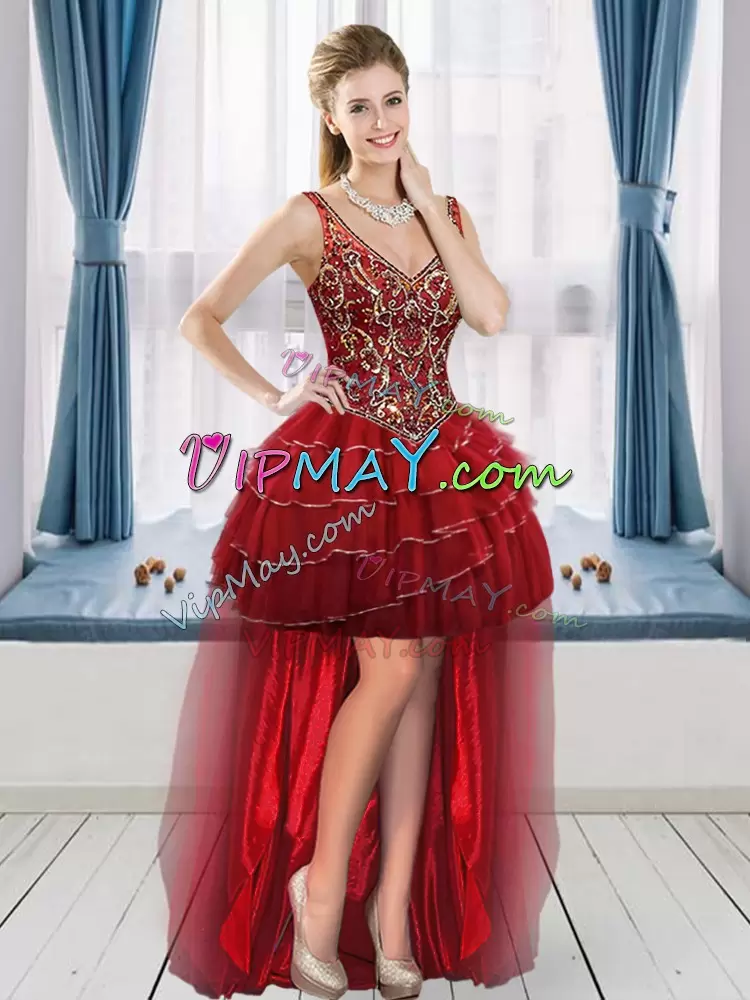 Sleeveless Tulle Floor Length Lace Up Sweet 16 Dress in Red with Beading and Ruffled Layers