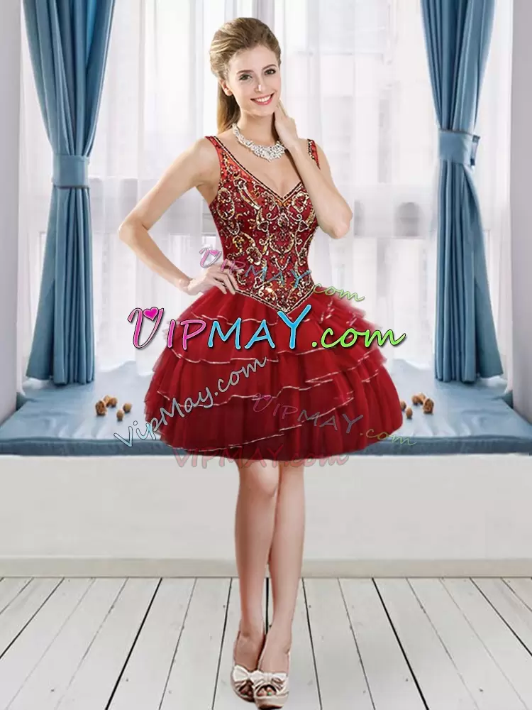 Sleeveless Tulle Floor Length Lace Up Sweet 16 Dress in Red with Beading and Ruffled Layers