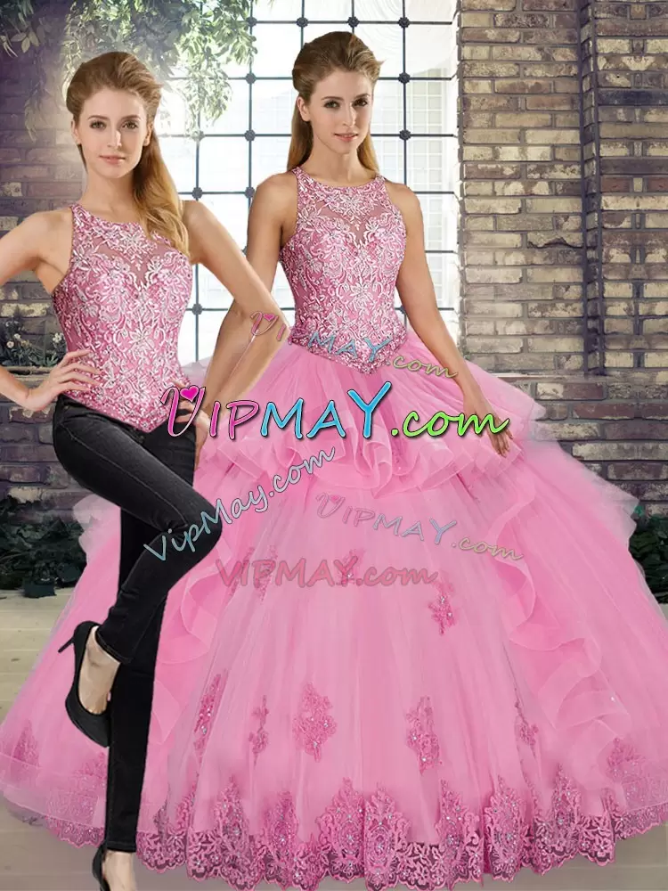 Modern Scoop Sleeveless Tulle Quinceanera Dress Lace and Embroidery and Ruffles Lace Up