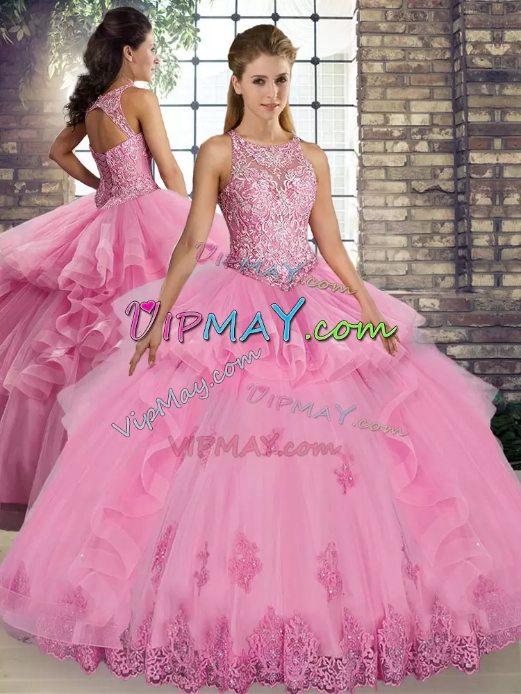 Modern Scoop Sleeveless Tulle Quinceanera Dress Lace and Embroidery and Ruffles Lace Up