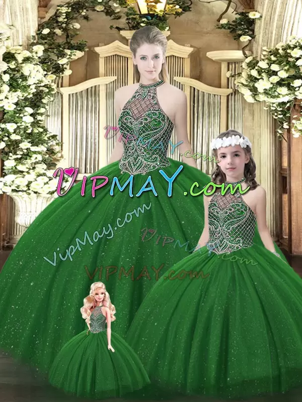 Custom Fit Dark Green Tulle Lace Up Halter Top Sleeveless Floor Length 15th Birthday Dress Beading