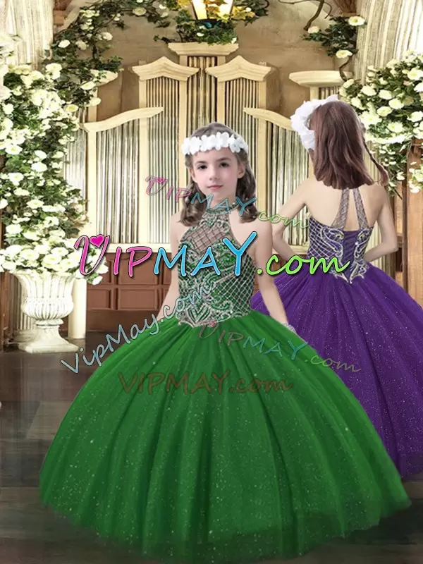 Custom Fit Dark Green Tulle Lace Up Halter Top Sleeveless Floor Length 15th Birthday Dress Beading