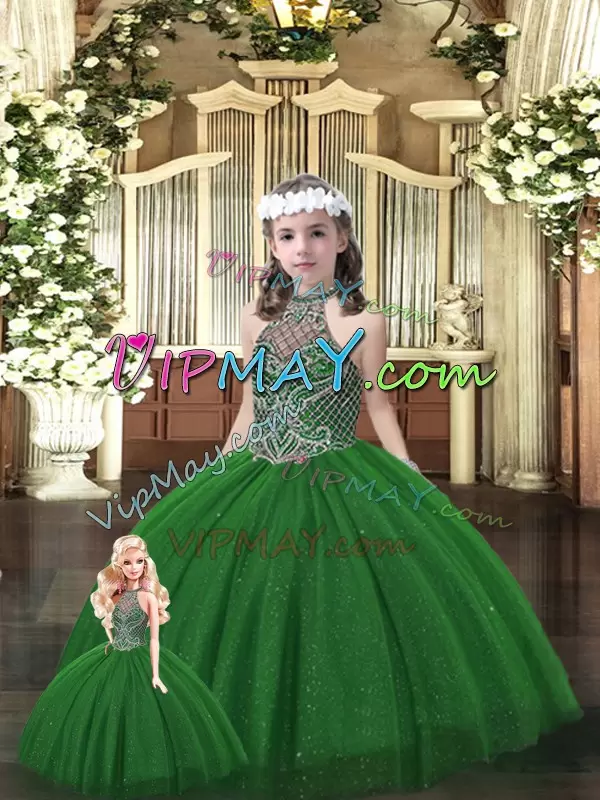 Custom Fit Dark Green Tulle Lace Up Halter Top Sleeveless Floor Length 15th Birthday Dress Beading