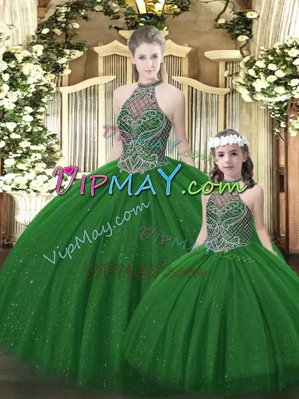 Custom Fit Dark Green Tulle Lace Up Halter Top Sleeveless Floor Length 15th Birthday Dress Beading