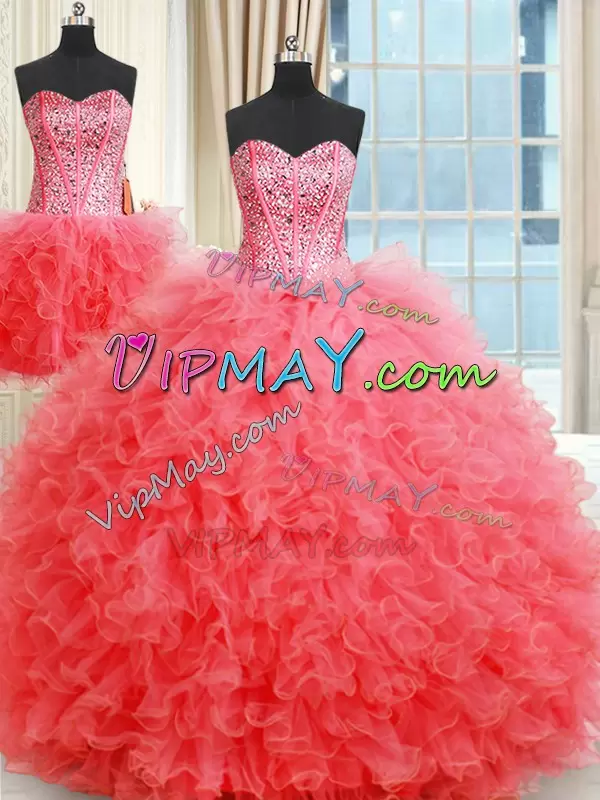 Shining Floor Length Ball Gowns Sleeveless Coral Red 15 Quinceanera Dress Lace Up