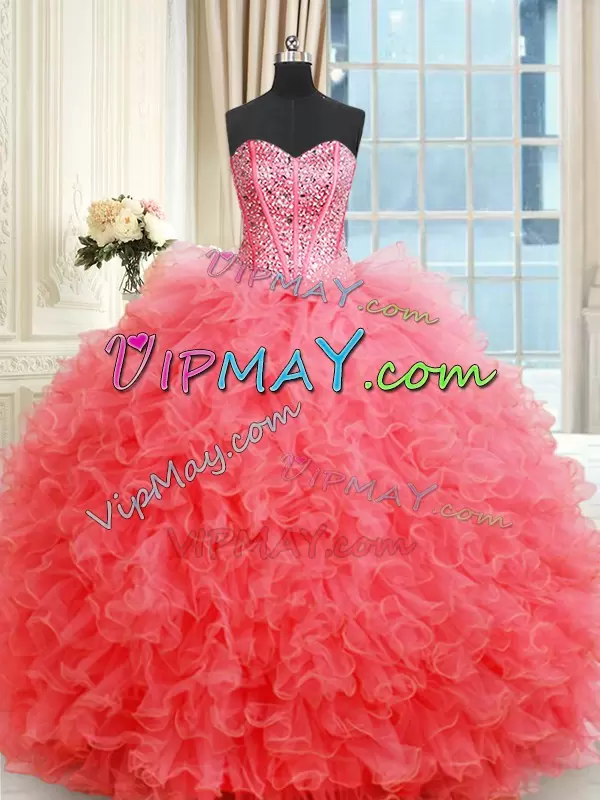 Shining Floor Length Ball Gowns Sleeveless Coral Red 15 Quinceanera Dress Lace Up