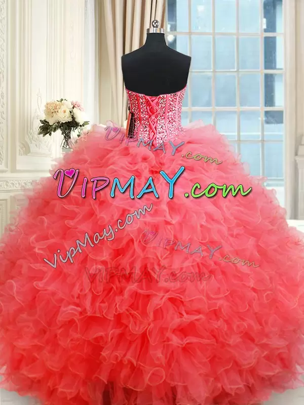 Shining Floor Length Ball Gowns Sleeveless Coral Red 15 Quinceanera Dress Lace Up