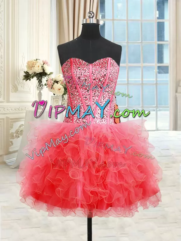 Shining Floor Length Ball Gowns Sleeveless Coral Red 15 Quinceanera Dress Lace Up