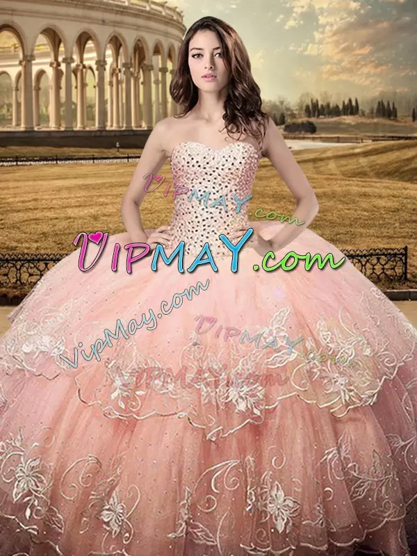 Ideal Peach Sleeveless Beading and Embroidery Floor Length Quinceanera Gown