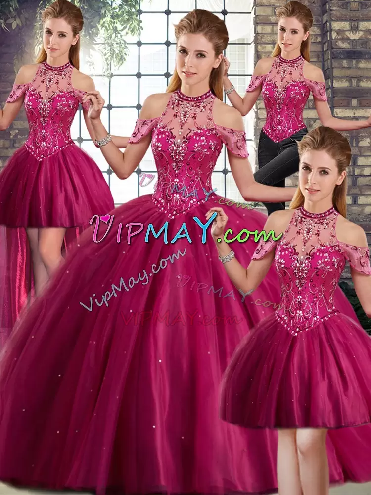 Modest Fuchsia Tulle Lace Up Halter Top Sleeveless Quince Ball Gowns Brush Train Beading