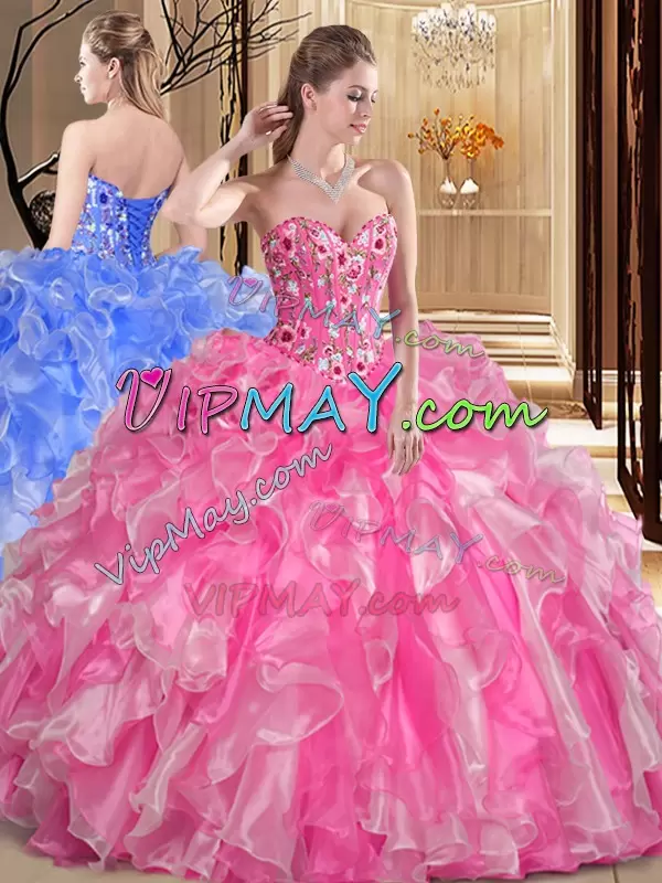 Rose Pink Lace Up Sweetheart Embroidery and Ruffles 15th Birthday Dress Organza Sleeveless