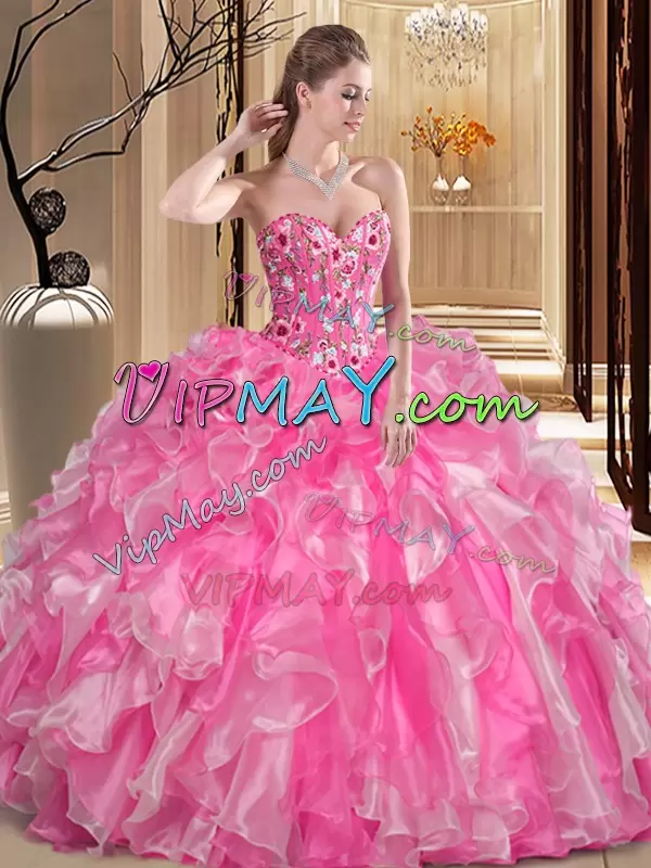 Rose Pink Lace Up Sweetheart Embroidery and Ruffles 15th Birthday Dress Organza Sleeveless