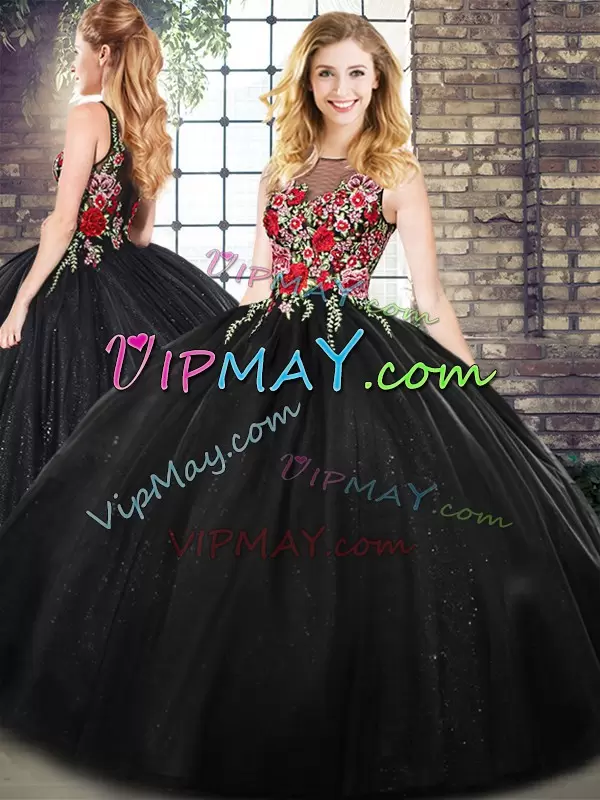 Elegant Sleeveless Floor Length Embroidery Zipper 15th Birthday Dress with Black