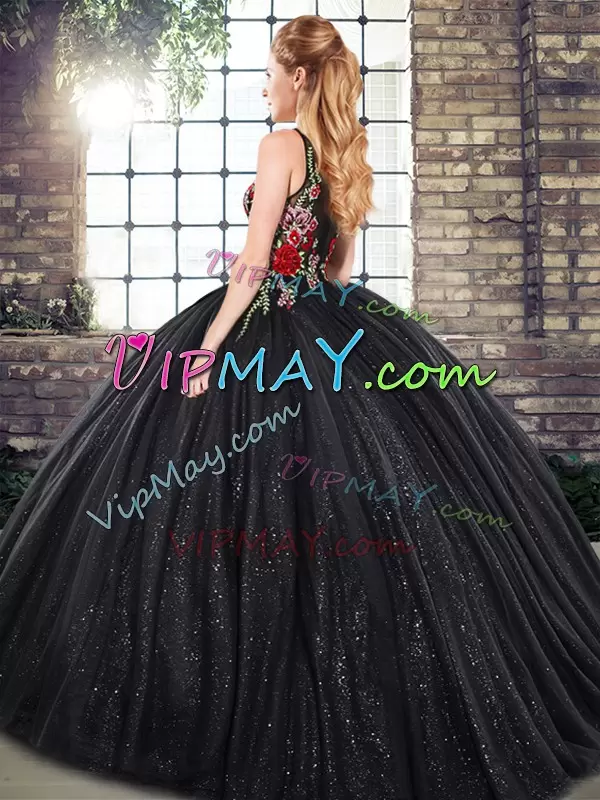 Elegant Sleeveless Floor Length Embroidery Zipper 15th Birthday Dress with Black