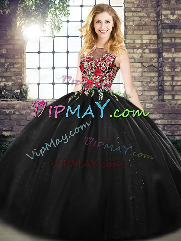 Elegant Sleeveless Floor Length Embroidery Zipper 15th Birthday Dress with Black