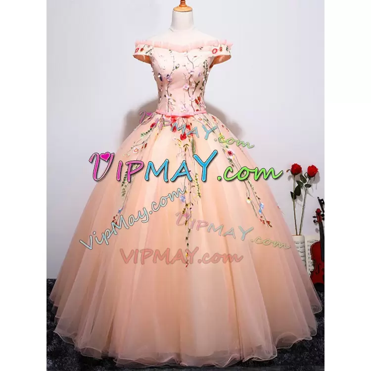 Custom Made Puffy Sweet 16 Quinceanera Dress Peach Off The Shoulder Tulle Sleeveless Floor Length Lace Up