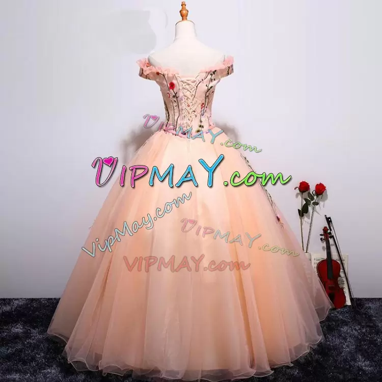 Custom Made Puffy Sweet 16 Quinceanera Dress Peach Off The Shoulder Tulle Sleeveless Floor Length Lace Up