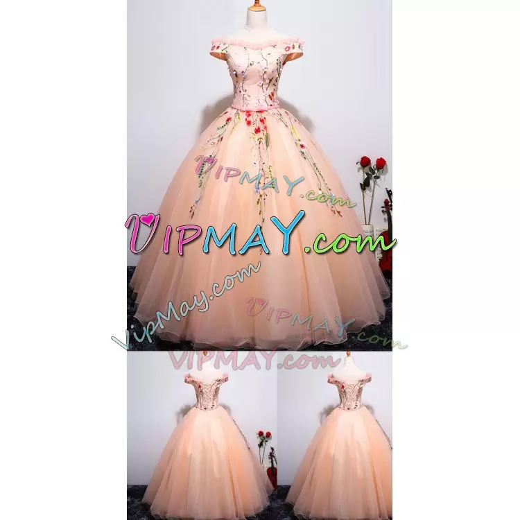 Custom Made Puffy Sweet 16 Quinceanera Dress Peach Off The Shoulder Tulle Sleeveless Floor Length Lace Up