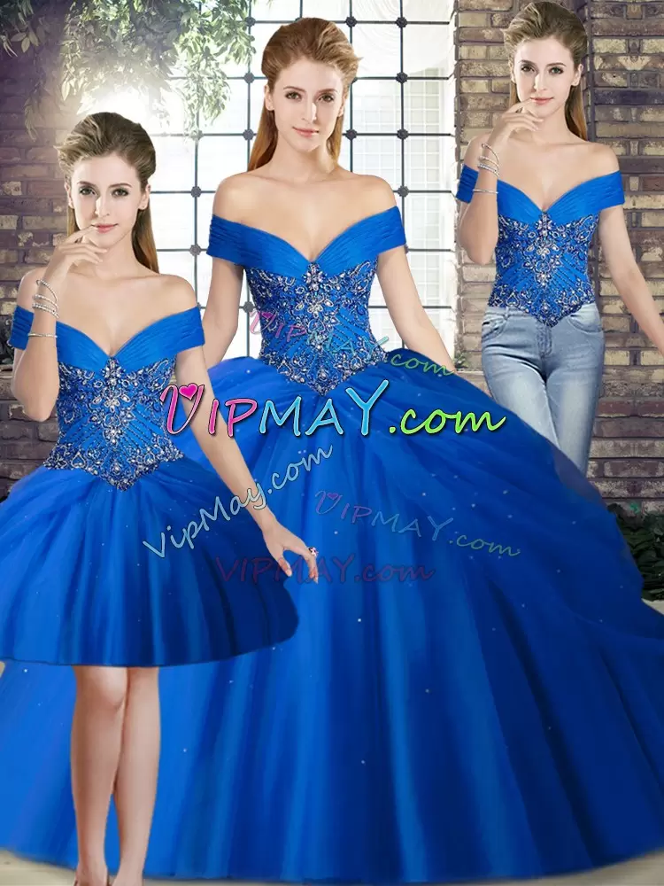 Fabulous Tulle Off The Shoulder Sleeveless Brush Train Lace Up Beading and Pick Ups Vestidos de Quinceanera in Royal Blue