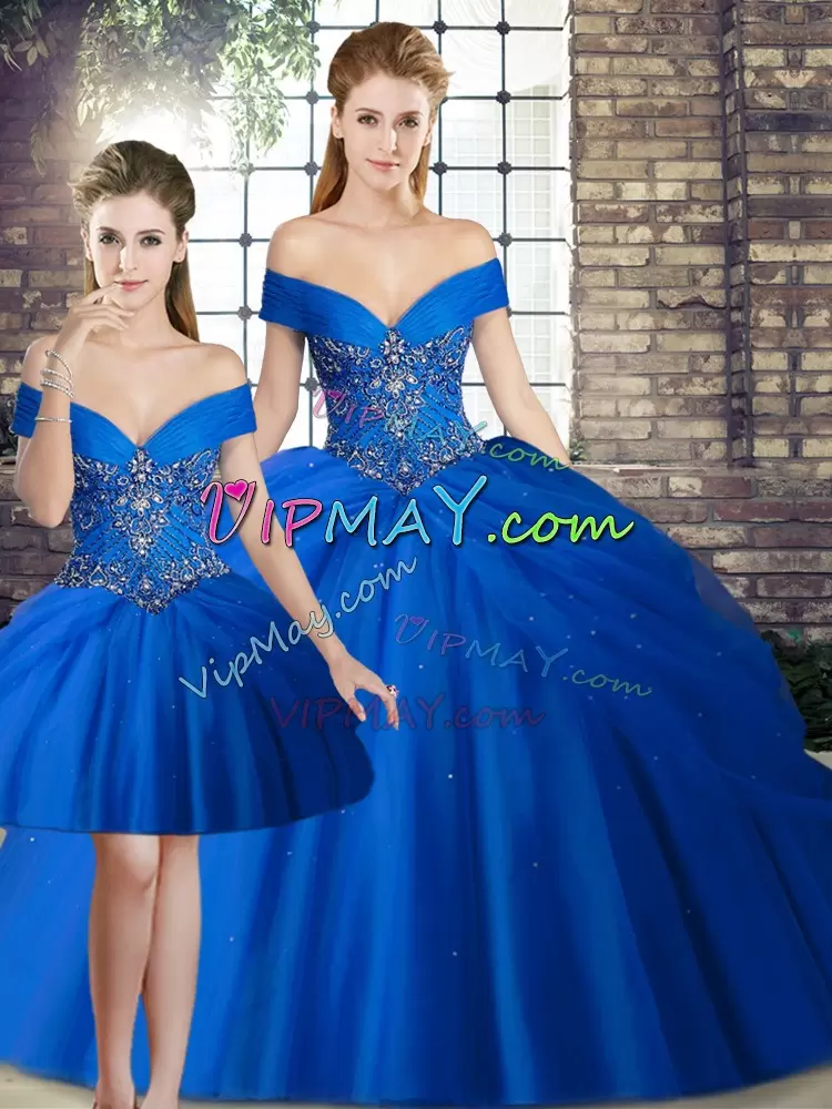 Fabulous Tulle Off The Shoulder Sleeveless Brush Train Lace Up Beading and Pick Ups Vestidos de Quinceanera in Royal Blue