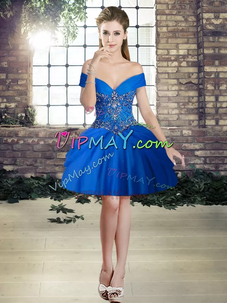 Fabulous Tulle Off The Shoulder Sleeveless Brush Train Lace Up Beading and Pick Ups Vestidos de Quinceanera in Royal Blue