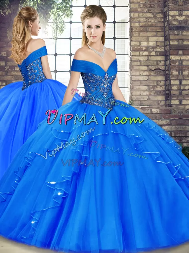 Floor Length Ball Gowns Sleeveless Royal Blue Sweet 16 Dress Lace Up