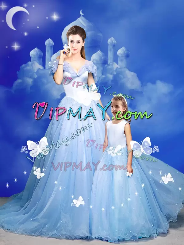 Fantastic Tulle Off The Shoulder Sleeveless Court Train Zipper Beading and Bowknot and Hand Made Flower Sweet 16 Quinceanera Dress in Light Blue
