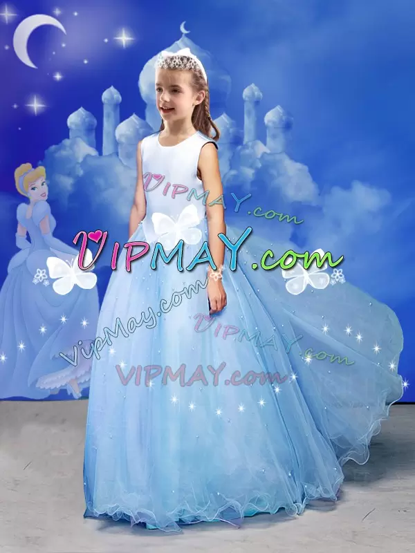 Fantastic Tulle Off The Shoulder Sleeveless Court Train Zipper Beading and Bowknot and Hand Made Flower Sweet 16 Quinceanera Dress in Light Blue